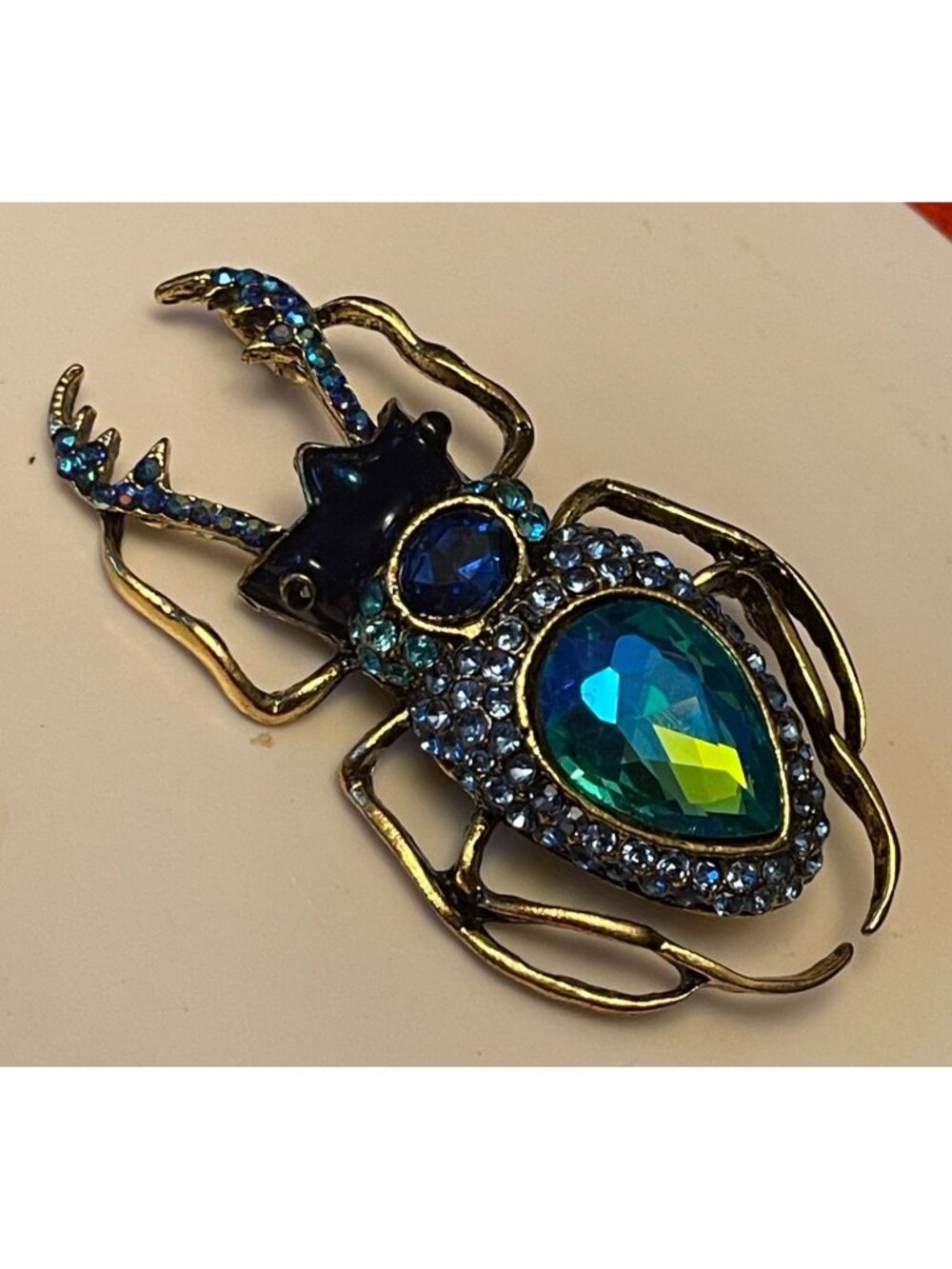Blue Beetle Figural Glass Stone Brooch With Gold Tone Metal & Various Blue Stone
